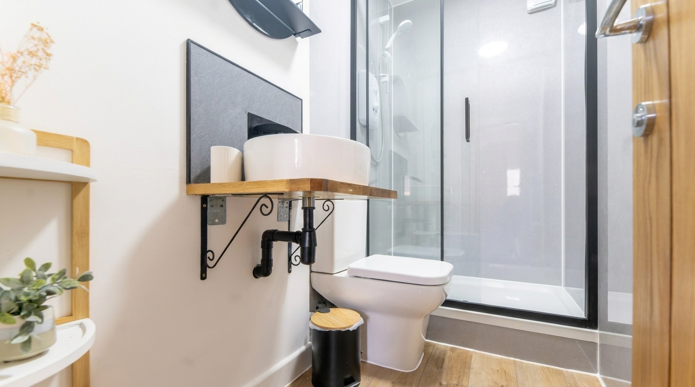 A white bathroom with a walk-in glass shower enclosure, close-coupled toilet and an oak shelf above the basin, fitted by Groat Construction.