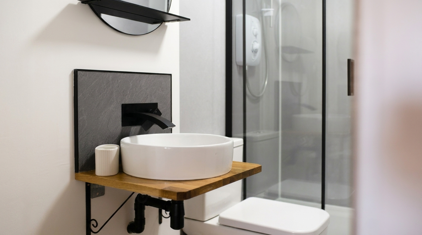 A bathroom with a round countertop basin on an oak shelf, black taps and a glass shower screen, fitted by Groat Construction.