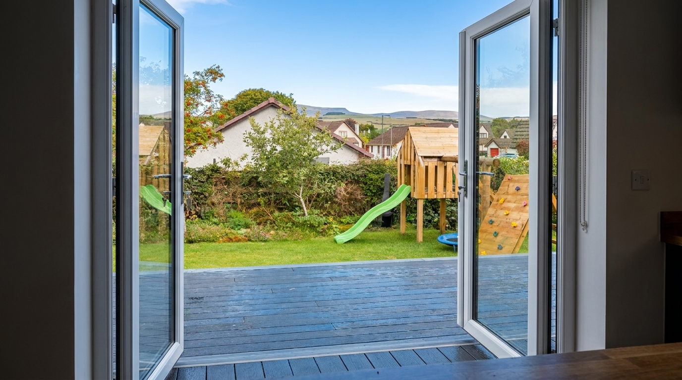 Grey composite decking outside a set of open bifold doors, looking out over a garden, built by Groat Construction.
