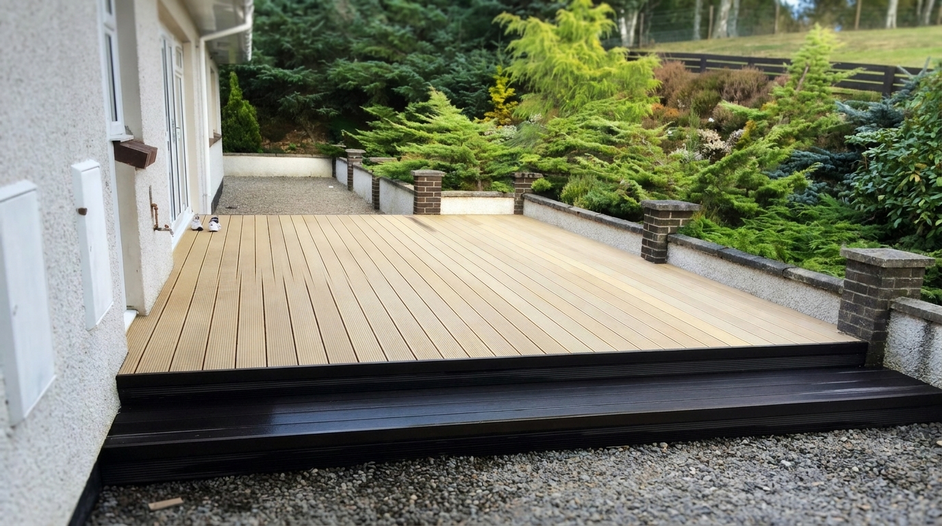A new timber deck laid the length of a house, with a stepped edge onto a gravel path, built by Groat Construction.