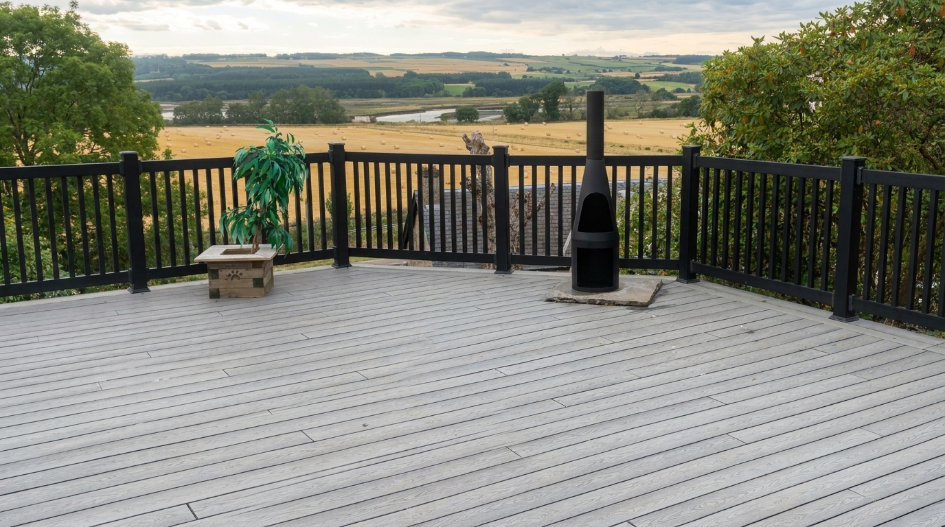 A raised grey deck with black metal balustrades looking out over open Highland farmland, built by Groat Construction.
