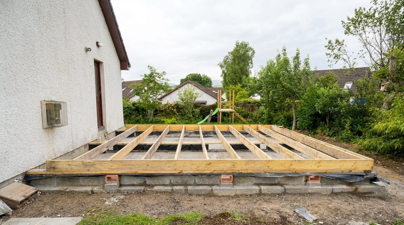 Timber floor joists laid on the new blockwork base of a house extension, by Groat Construction.