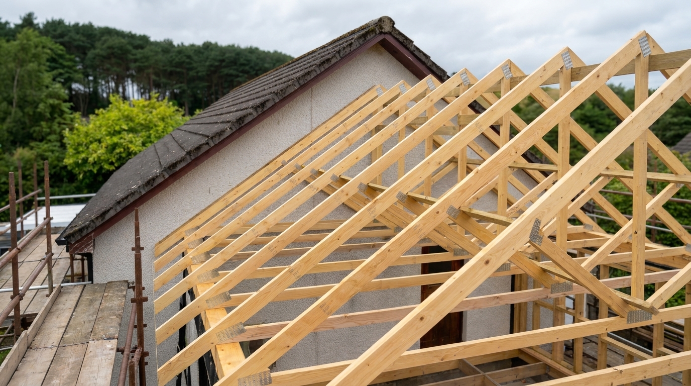 New roof trusses erected over a house extension with scaffolding still in place, by Groat Construction.