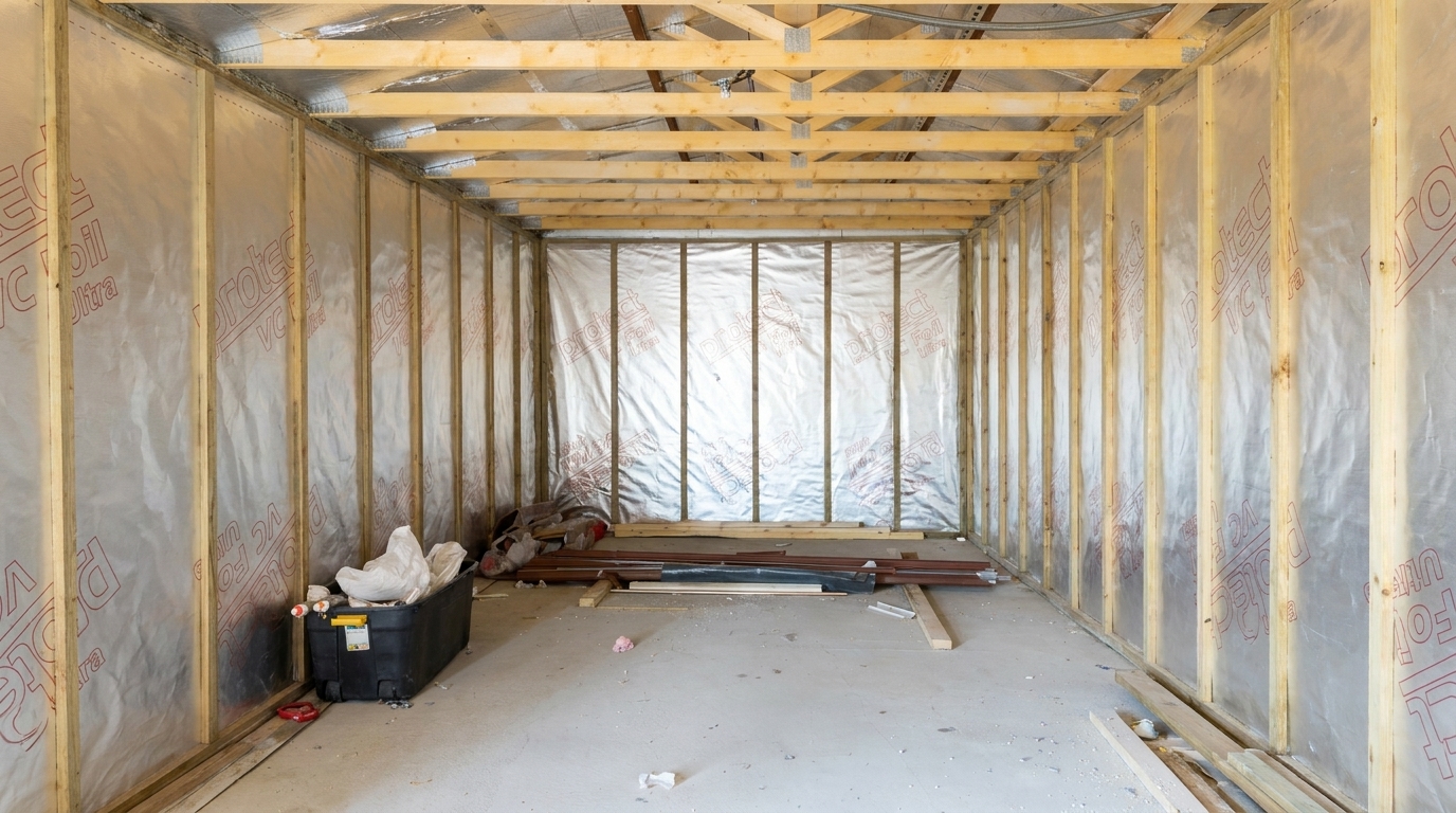 The inside of an extension shell with insulated walls, a vapour barrier and exposed roof trusses, by Groat Construction.