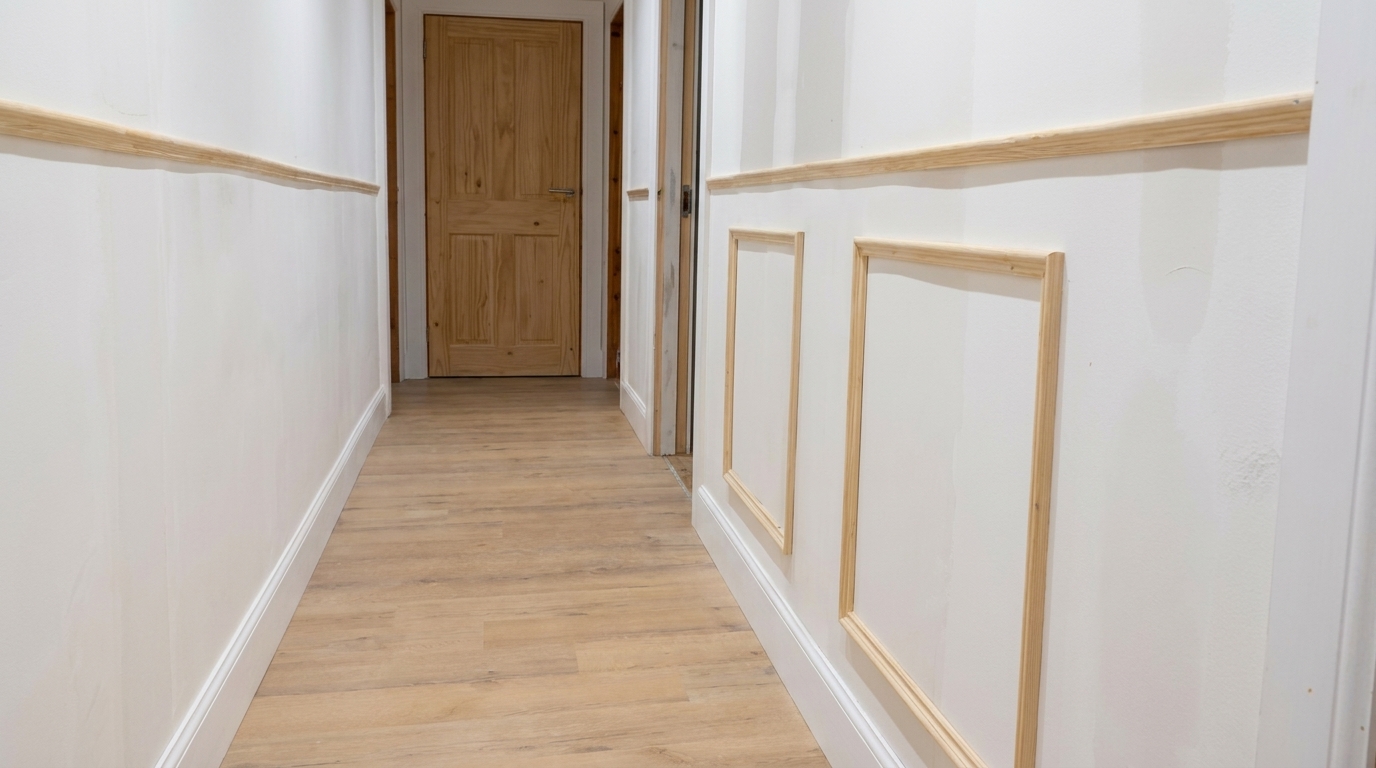 A hallway with new oak-effect flooring, fresh skirting and an internal oak door, fitted by Groat Construction.