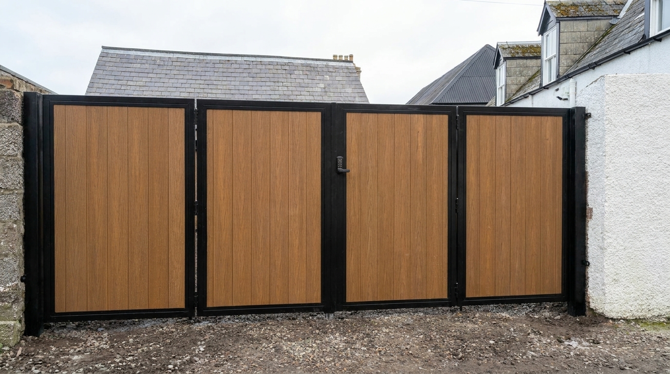 Wide oak-effect driveway gates on a black steel frame across a stone-walled entrance, made by Groat Construction.