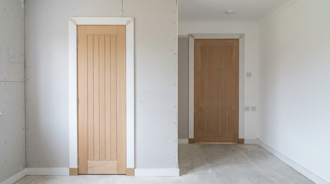 A new oak cottage-style internal door hung in a freshly plastered room, by Groat Construction.