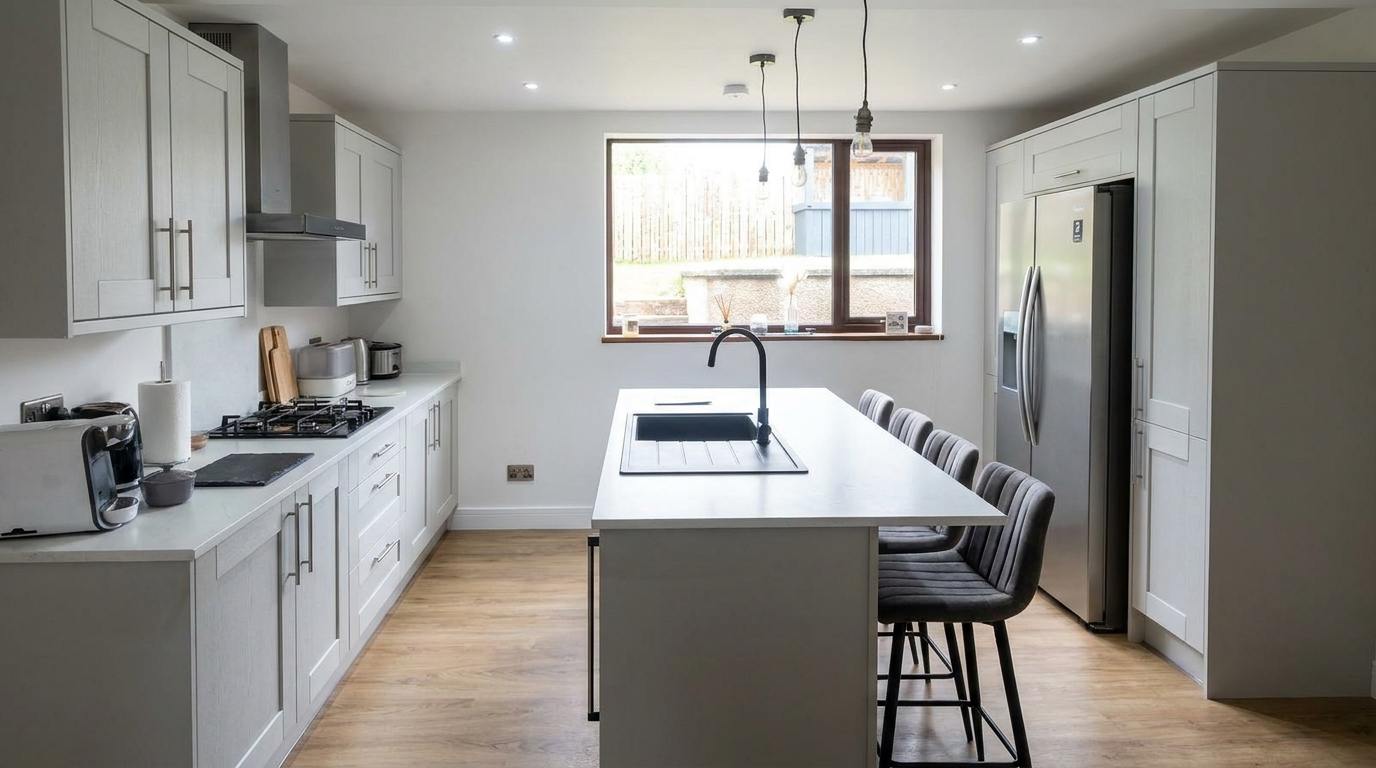 A light grey fitted kitchen with a central island, breakfast stools and integrated appliances, installed by Groat Construction.