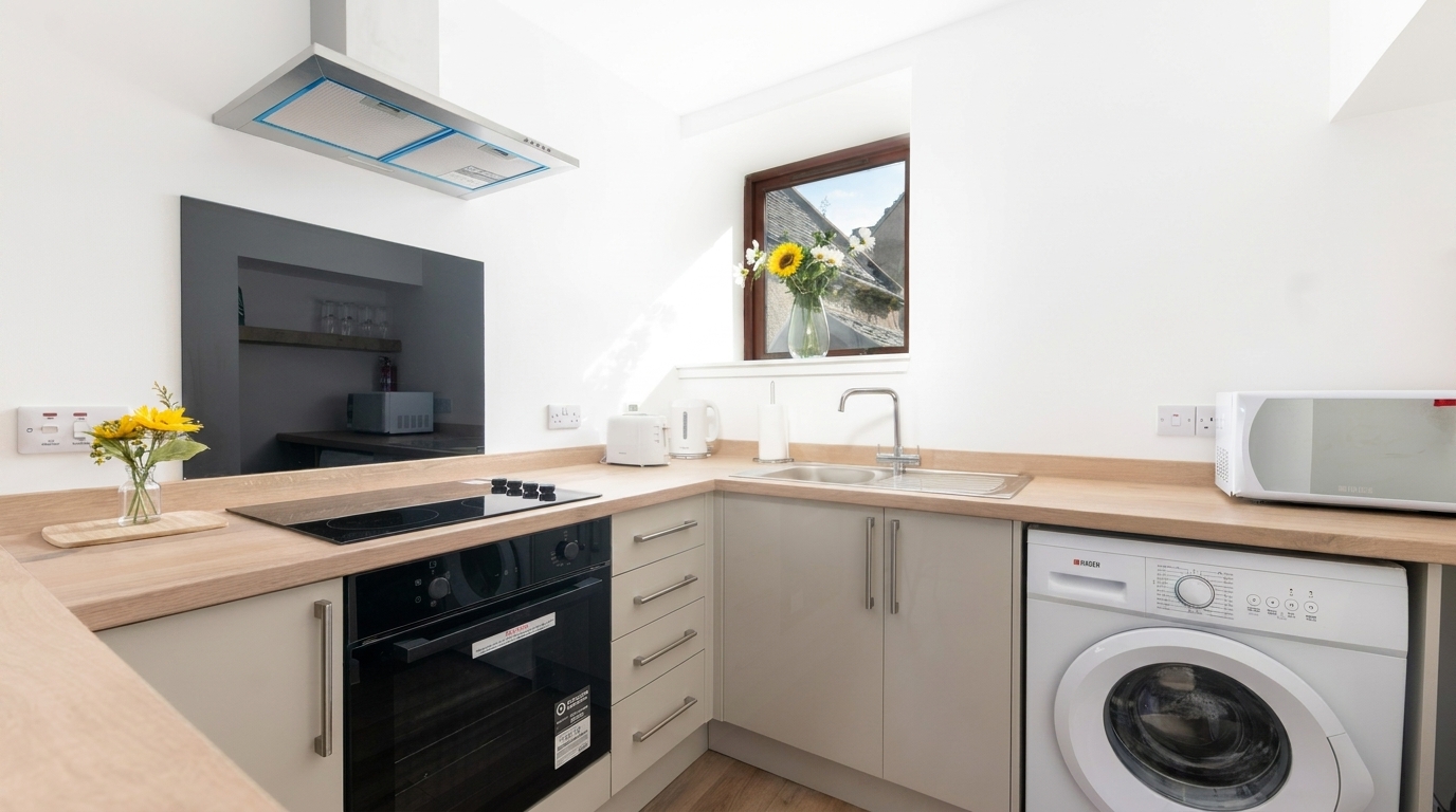 A cream fitted kitchen with a wood-effect worktop, induction hob, integrated oven and a window over the sink, installed by Groat Construction.