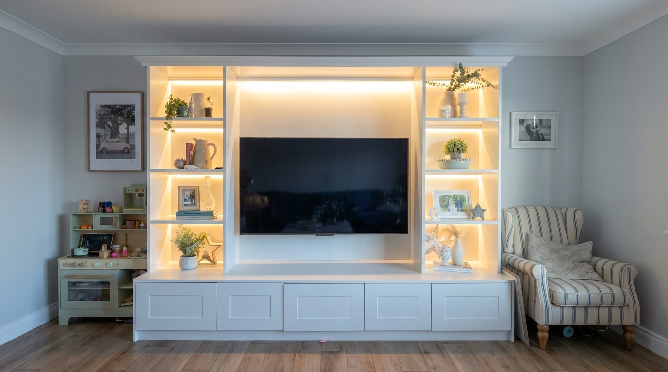 A built-in media wall with a recessed television, lit display shelves and cupboards below, made by Groat Construction.