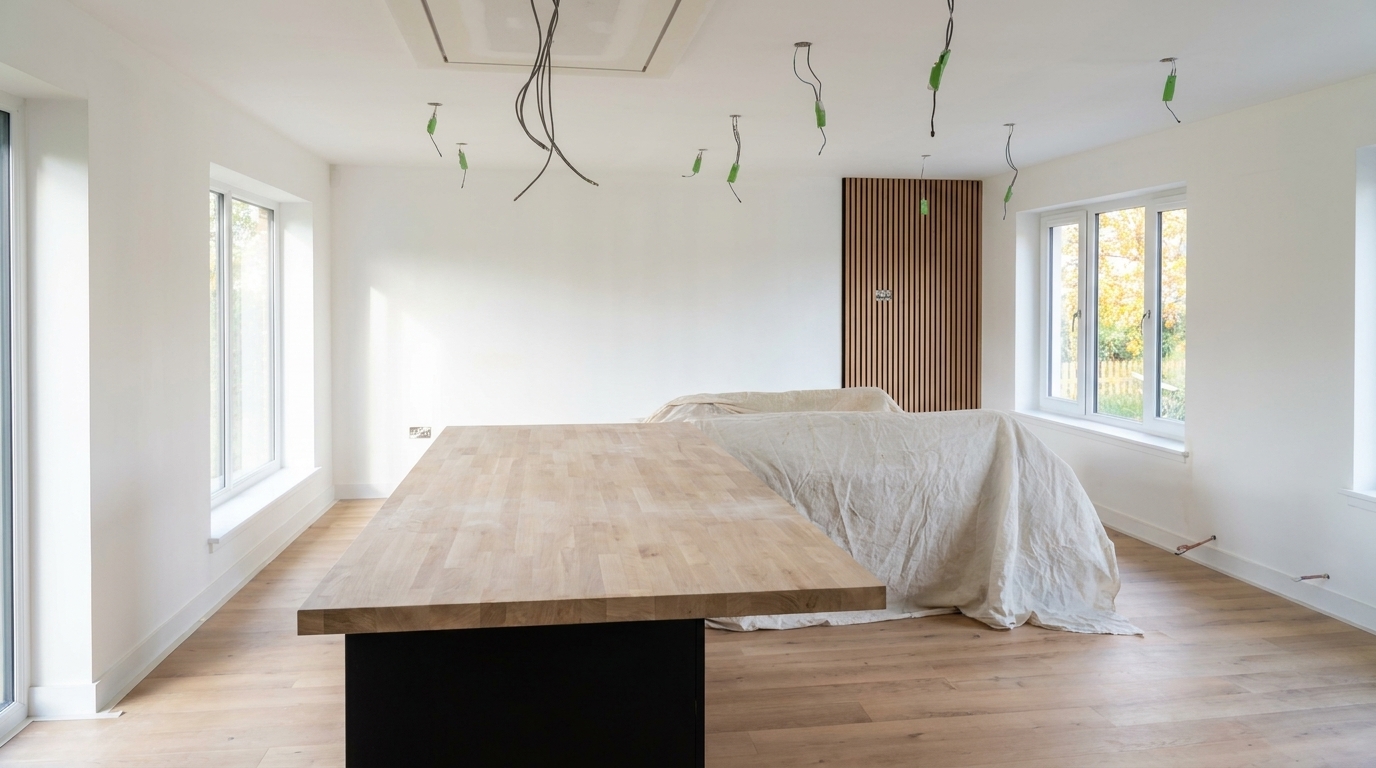 A refurbished open-plan room with new windows, a slatted timber feature panel and a kitchen island under dust sheets, by Groat Construction.